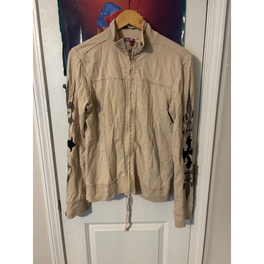 Bejeweled Susan Fixel Tan Y2K Biker Jacket Graphic Cross Studded Lace Up Back
